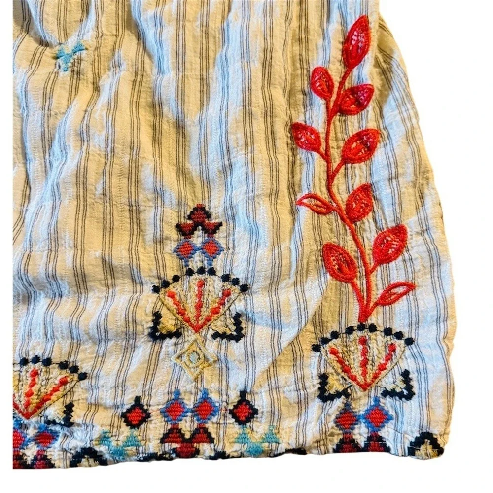 Johnny Was Workshop Blouse XL Ivory blue Stripes Embroidery Top boho puff sleeve